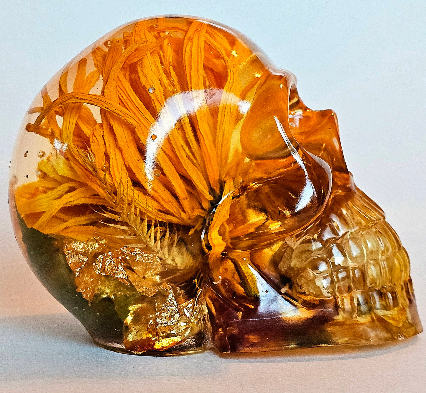 SOLD #0203 Handmade Resin Skull - Mixed wild flowers and brass