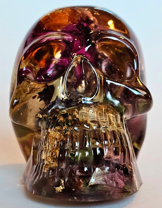 #0204 Handmade Resin Skull - Mixed wild flowers and brass