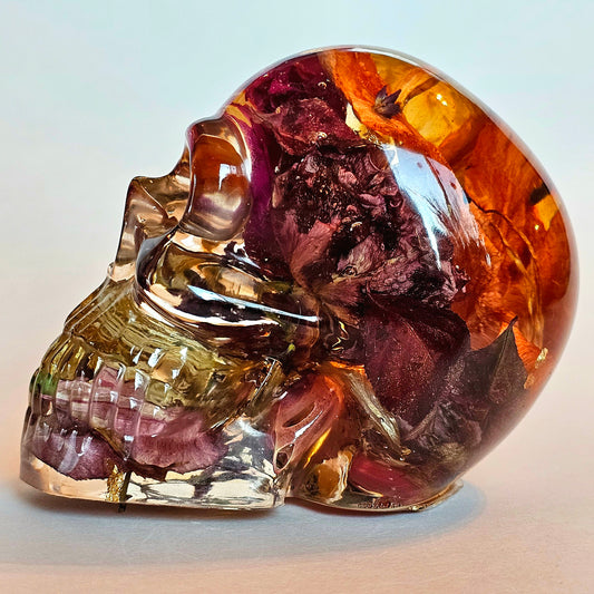 #0204 Handmade Resin Skull - Mixed wild flowers and brass