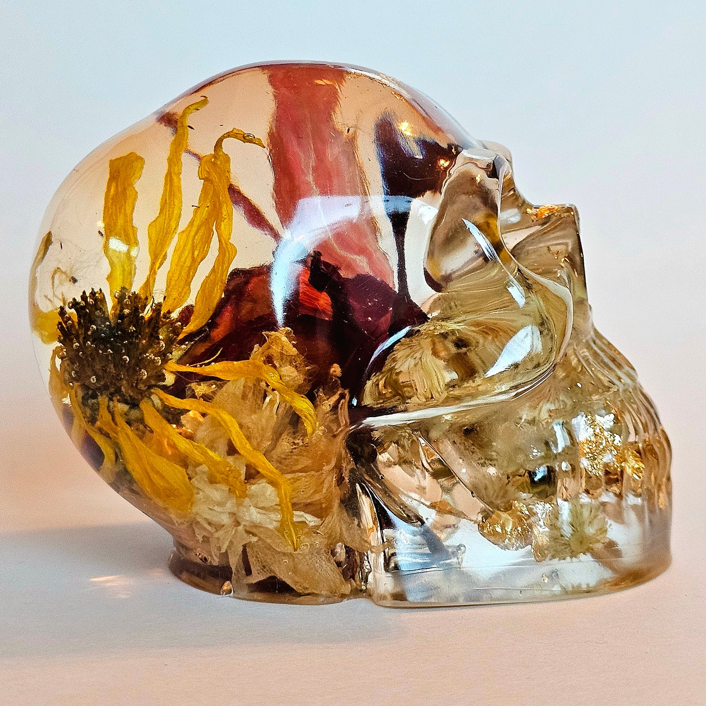 SOLD #0207 Handmade Resin Skull - Mixed wild flowers and brass