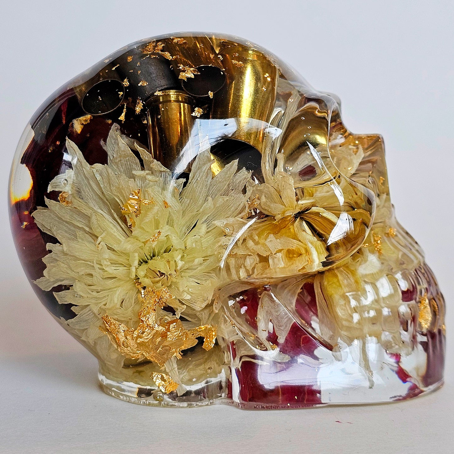 SOLD #0208 Handmade Resin Skull - Mixed wild flowers and brass