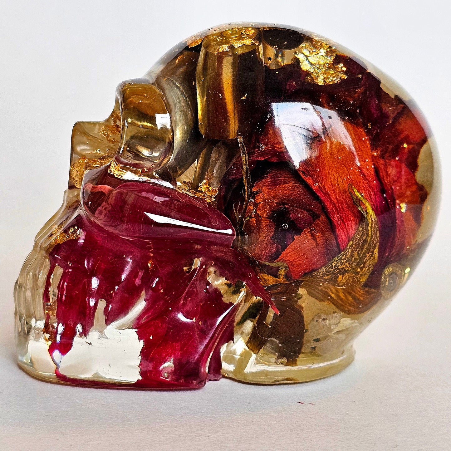SOLD #0208 Handmade Resin Skull - Mixed wild flowers and brass