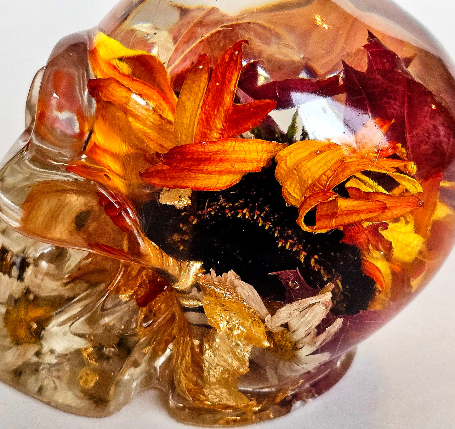 SOLD #0210 Handmade Resin Skull - Mixed wild flowers and brass