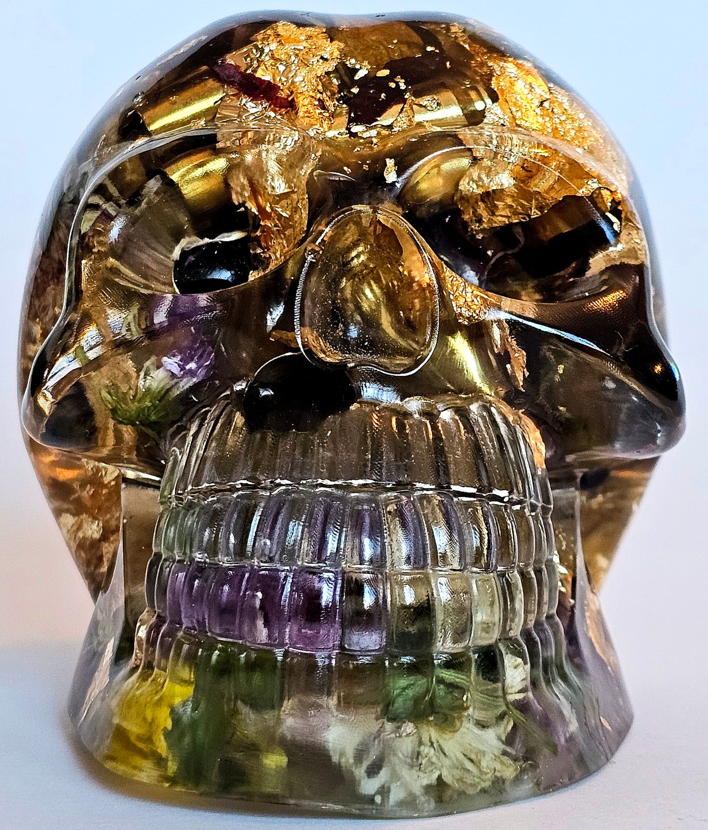 SOLD #0209 Handmade Resin Skull - Mixed wild flowers and brass