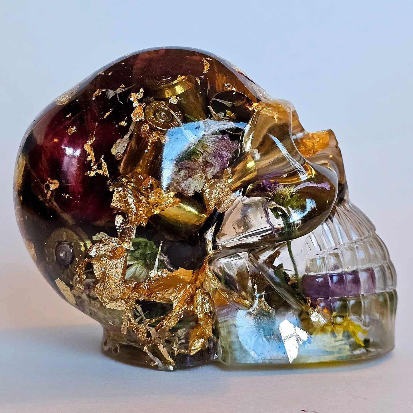SOLD #0209 Handmade Resin Skull - Mixed wild flowers and brass