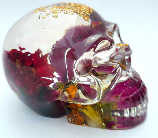 *SOLD*Handmade Resin Skull - Wild flowers with gold accents. Lots of negative space on this piece. Some slight banding in the resin, so discounted.