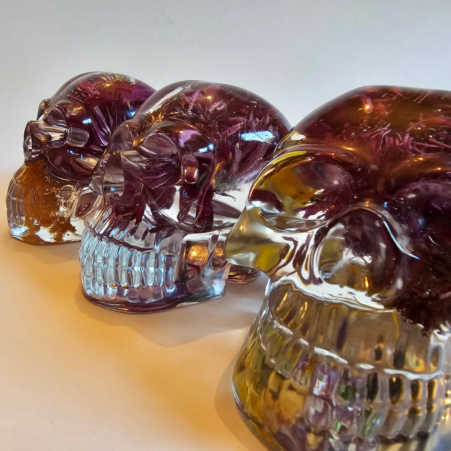 #0217, #0227, #0232 - 3 piece matching set Handmade Resin Skull - Large purple Aster flower in clear resin, get the set!