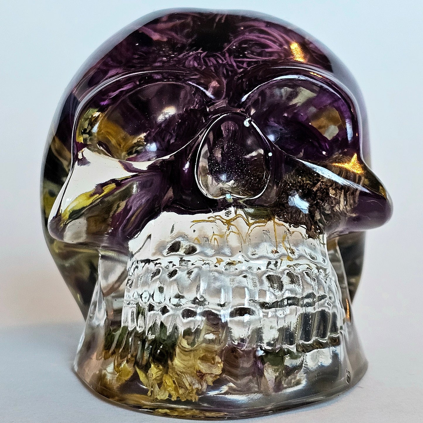 #0217, #0227, #0232 - 3 piece matching set Handmade Resin Skull - Large purple Aster flower in clear resin, get the set!
