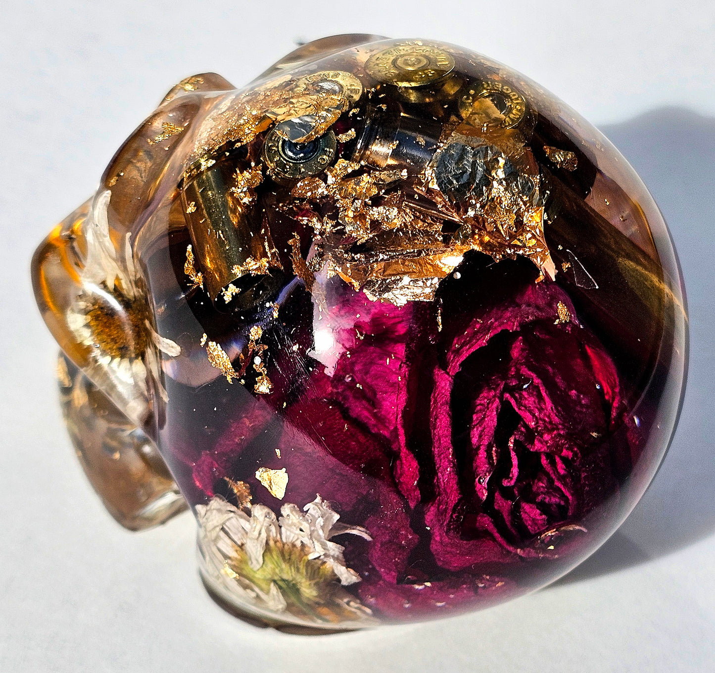 #0285 - Handmade Resin Skull - Mixed flowers, with brass