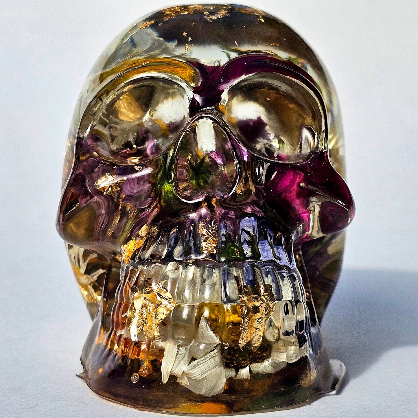 #0286 - Handmade Resin Skull - Mixed flowers, pops of color all over. Nice clear piece.