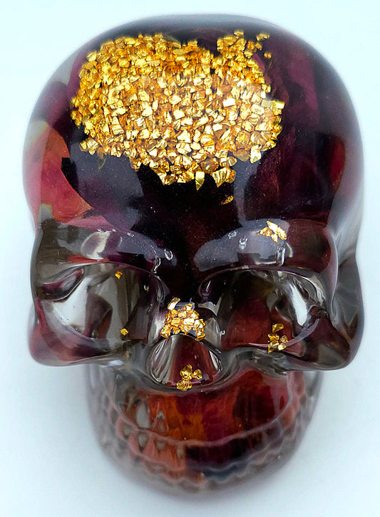 *SOLD*Handmade Resin Skull - Large Wild Rose flower, with gold accents.