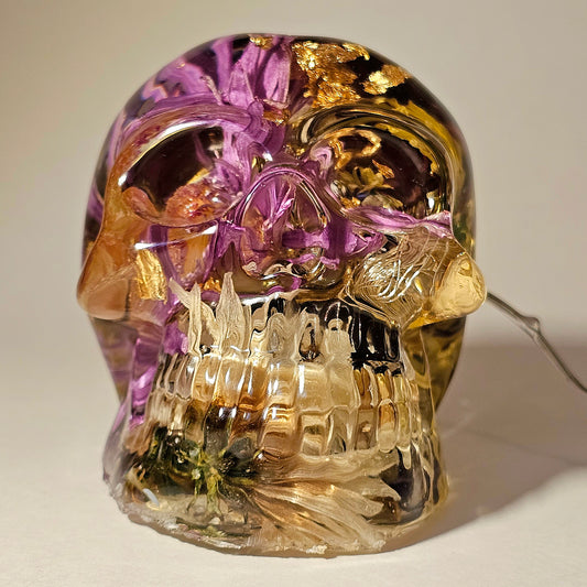 #0272 Handmade Resin Skull - Mixed flowers in clear resin. HAS LIGHTS. Battery operated.