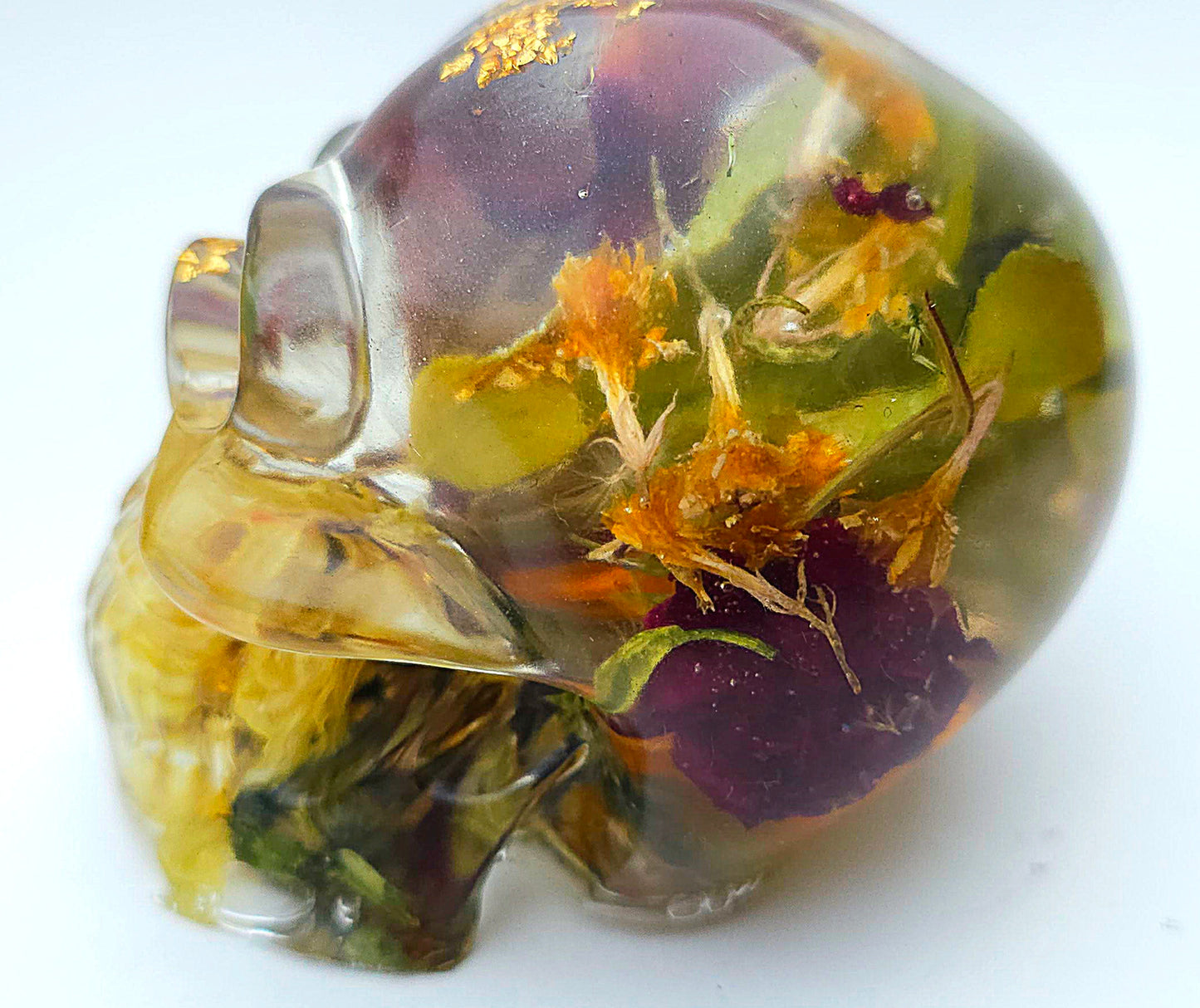 *SOLD*Handmade Resin Skull - Wild Rose pedals with wild flowers and mixed foliage, plus gold accents.