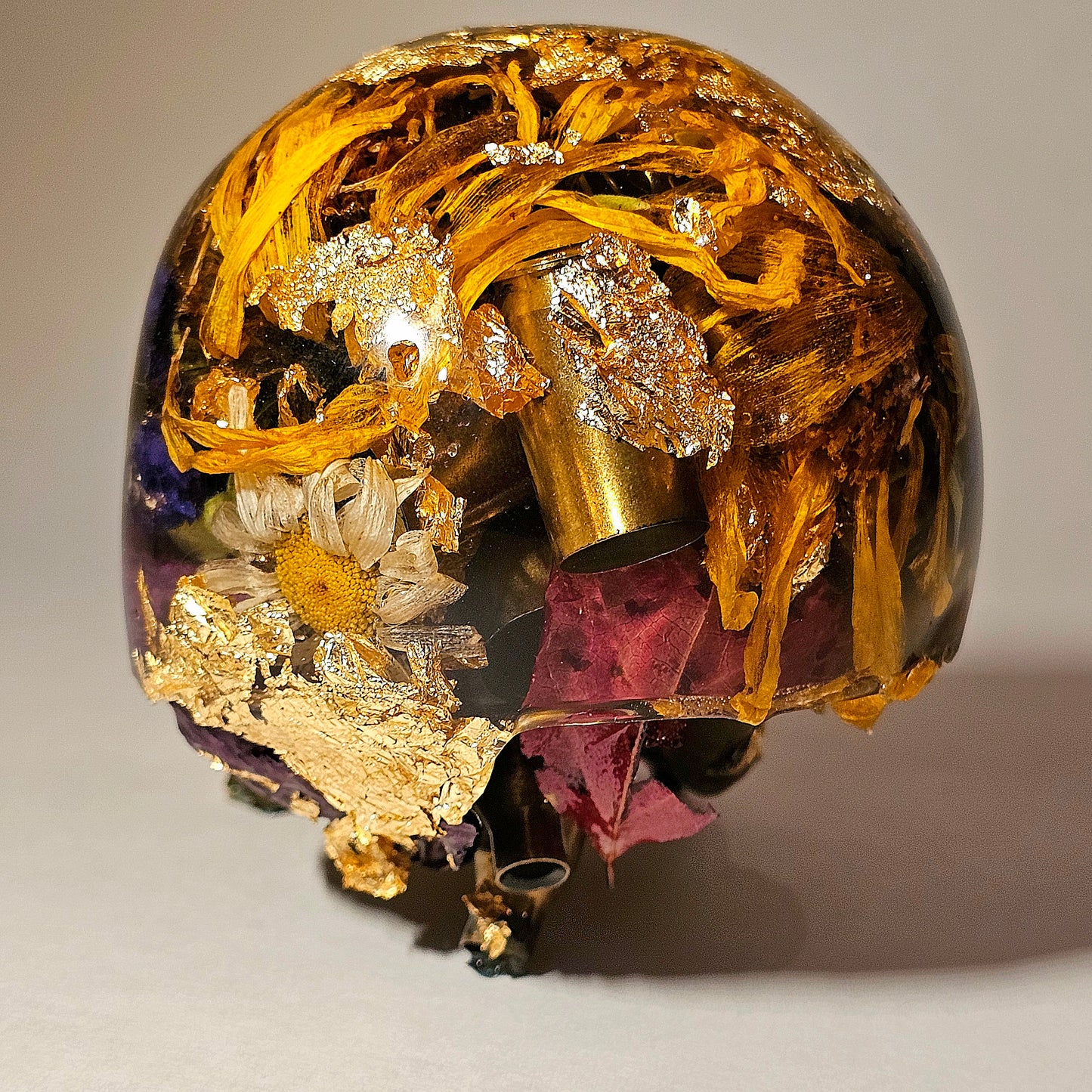 #0275 Handmade Resin Skull - Mixed flowers and brass in clear resin. One of a kind for sure.