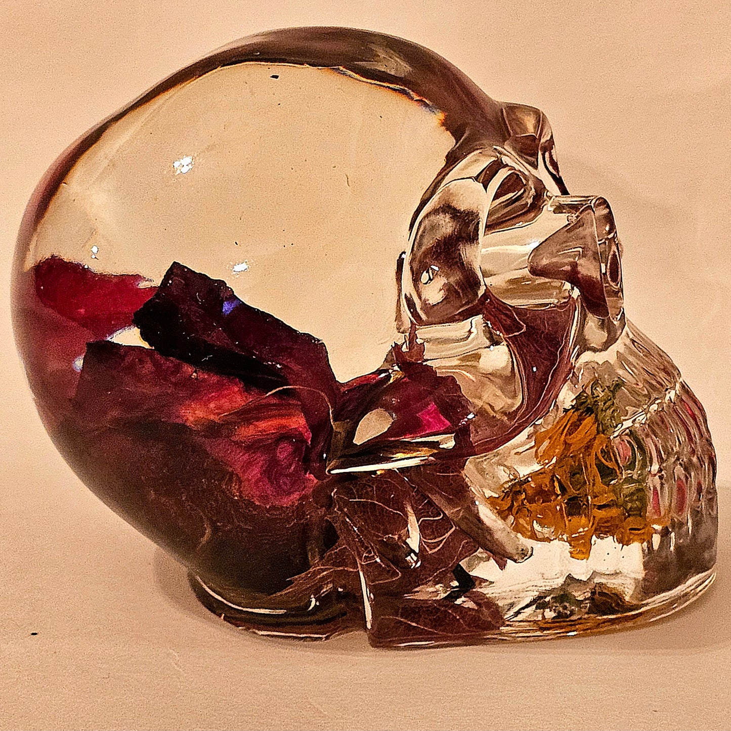 #0156 Handmade Resin Skull - Maple leaves with sunflower. With gold