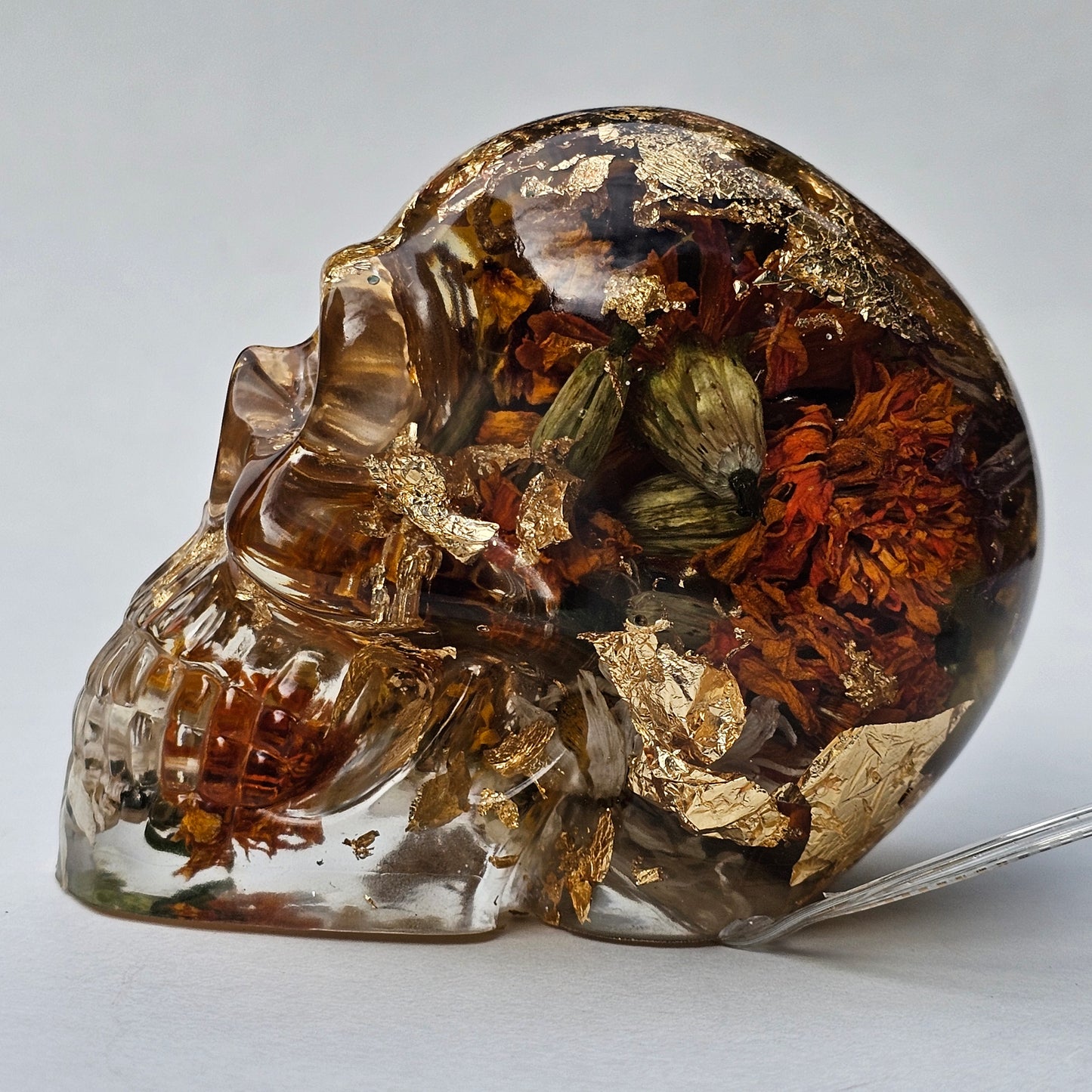#0295 - Handmade Resin Skull - Autumn flower blend with gold foil. This one lights up! HAS LIGHTS!