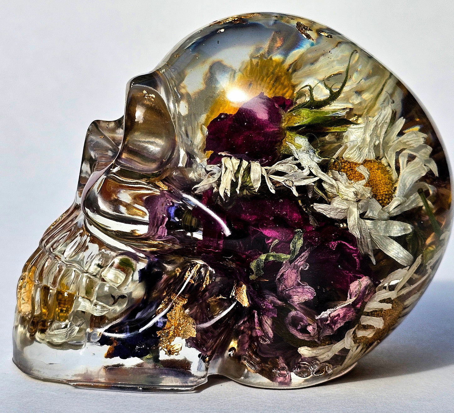 #0286 - Handmade Resin Skull - Mixed flowers, pops of color all over. Nice clear piece.
