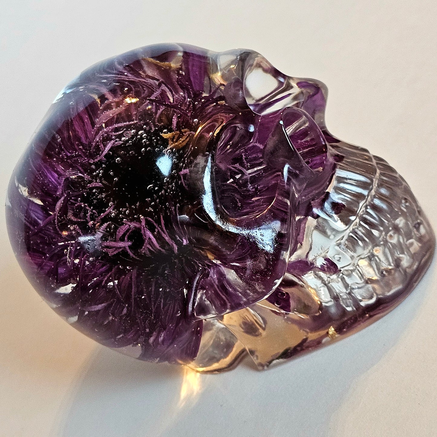 #0217, #0227, #0232 - 3 piece matching set Handmade Resin Skull - Large purple Aster flower in clear resin, get the set!