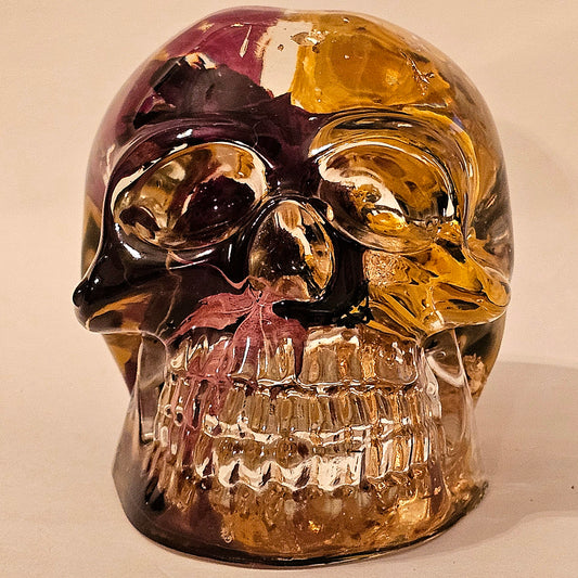 #0152 Handmade Resin Skull - Rose, with maple leaf sun flowers and gold