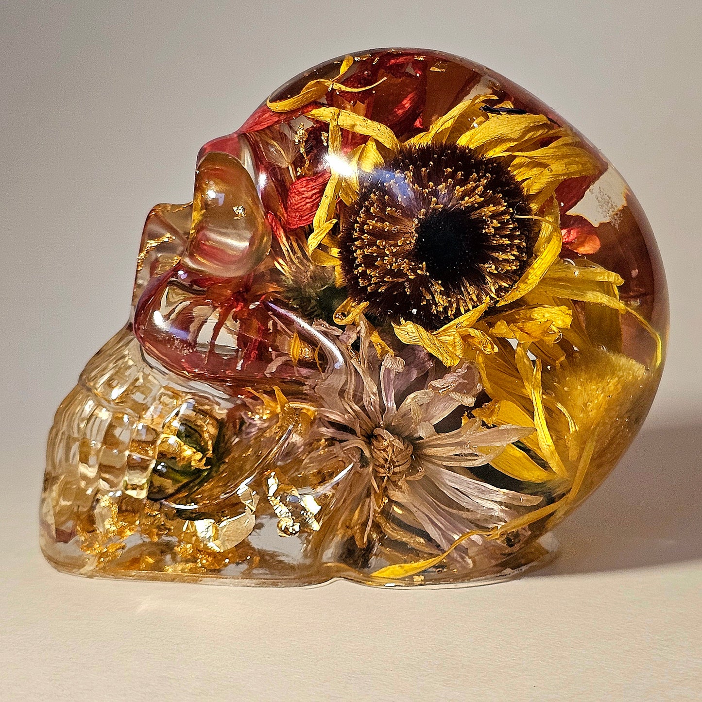 #0262 Handmade Resin Skull - Mixed flowers in clear resin, very nice piece. This one really pops!