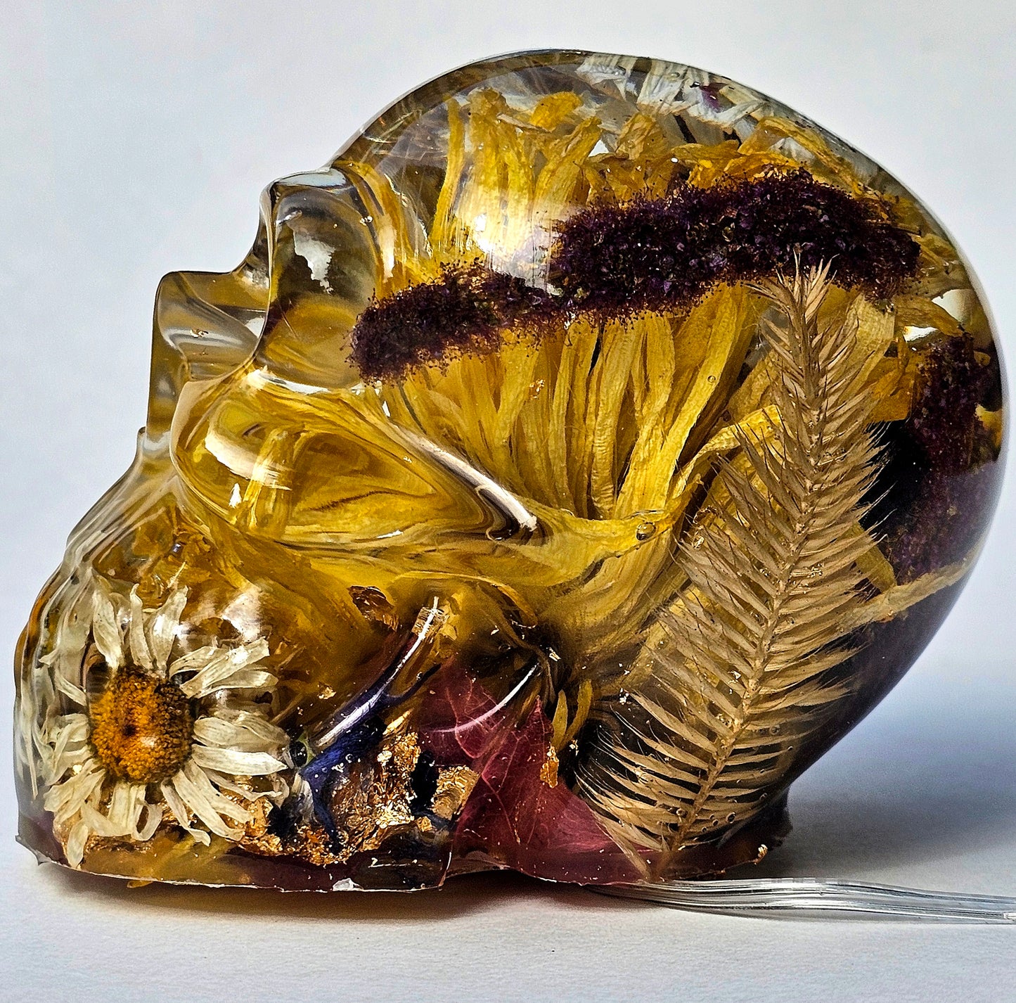 #0291 - Handmade Resin Skull - Autumn flower blend with excellent contrast. This one lights up! HAS LIGHTS!