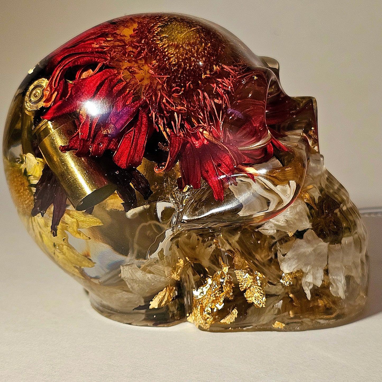 #0270 Handmade Resin Skull - Mixed flowers in clear resin. HAS LIGHTS. Battery operated.