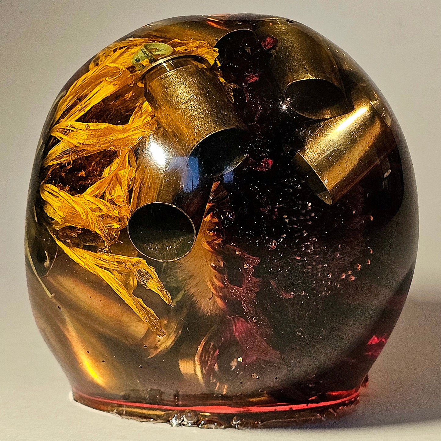 SOLD #0253 Handmade Resin Skull - Mixed wild flowers and brass in dripped red resin