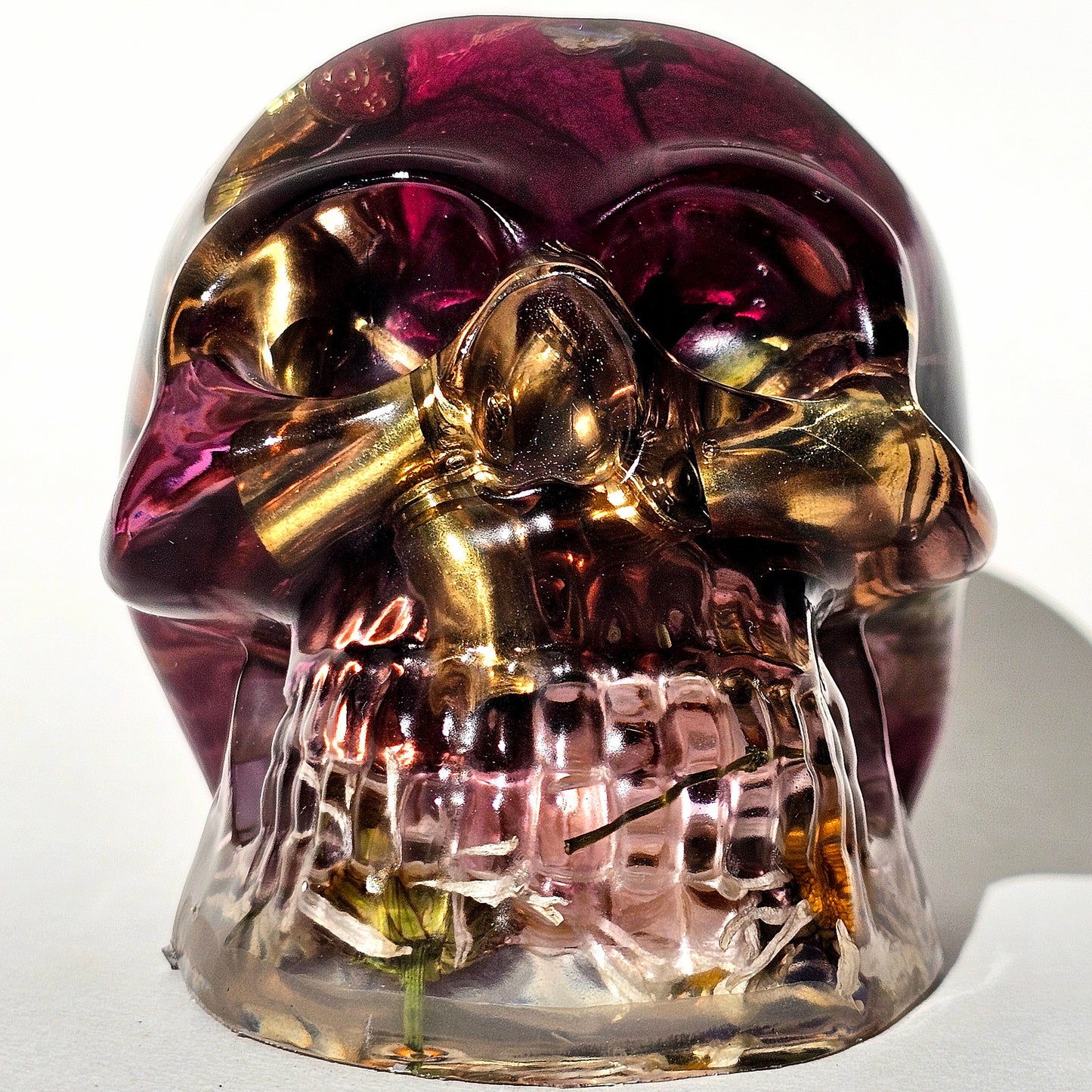 #0282 - Handmade Resin Skull - Mixed flowers, with large wild rose and brass accent