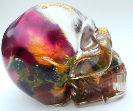 *SOLD*Handmade Resin Skull- Large wild Rose, with flower mixture. Discounted price. This piece came out quite cloudy.