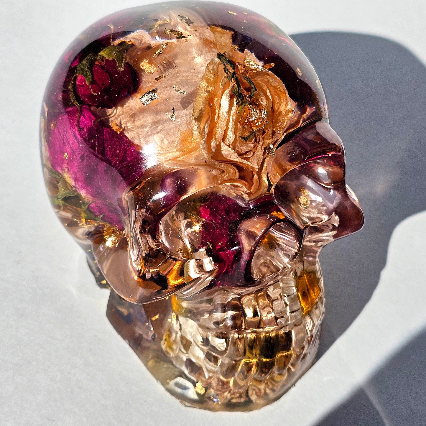 #0283 - Handmade Resin Skull - Mixed flowers, with large wild white rose, and red wild roses