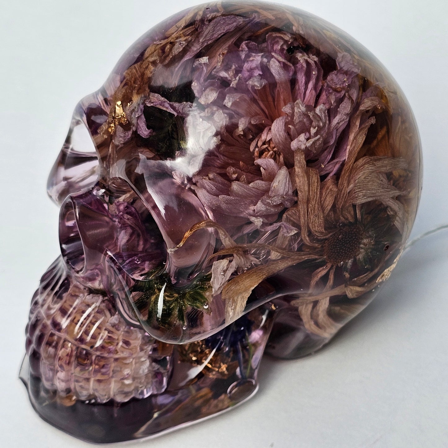 #0294 - Handmade Resin Skull - Autumn flower blend in light purple resin. This one lights up! HAS LIGHTS!