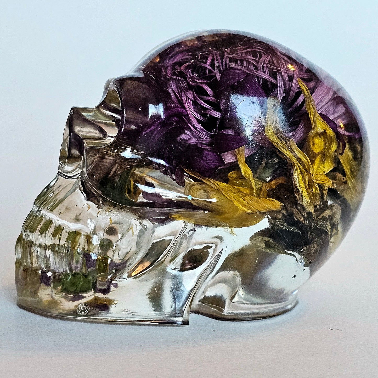 #0217, #0227, #0232 - 3 piece matching set Handmade Resin Skull - Large purple Aster flower in clear resin, get the set!