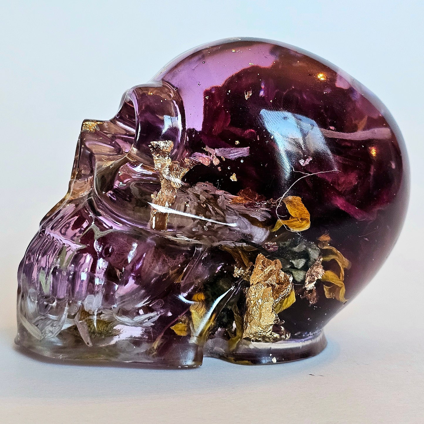 #0211 Handmade Resin Skull - Mixed wild flowers in purple resin