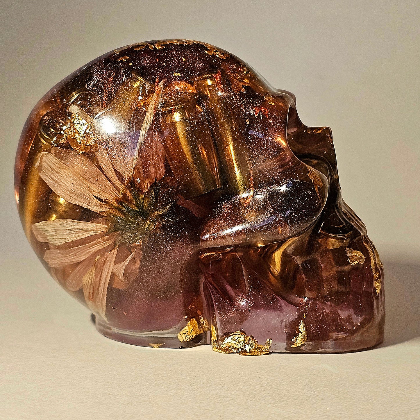 #0261 Handmade Resin Skull - Mixed flowers in warm light red resin.