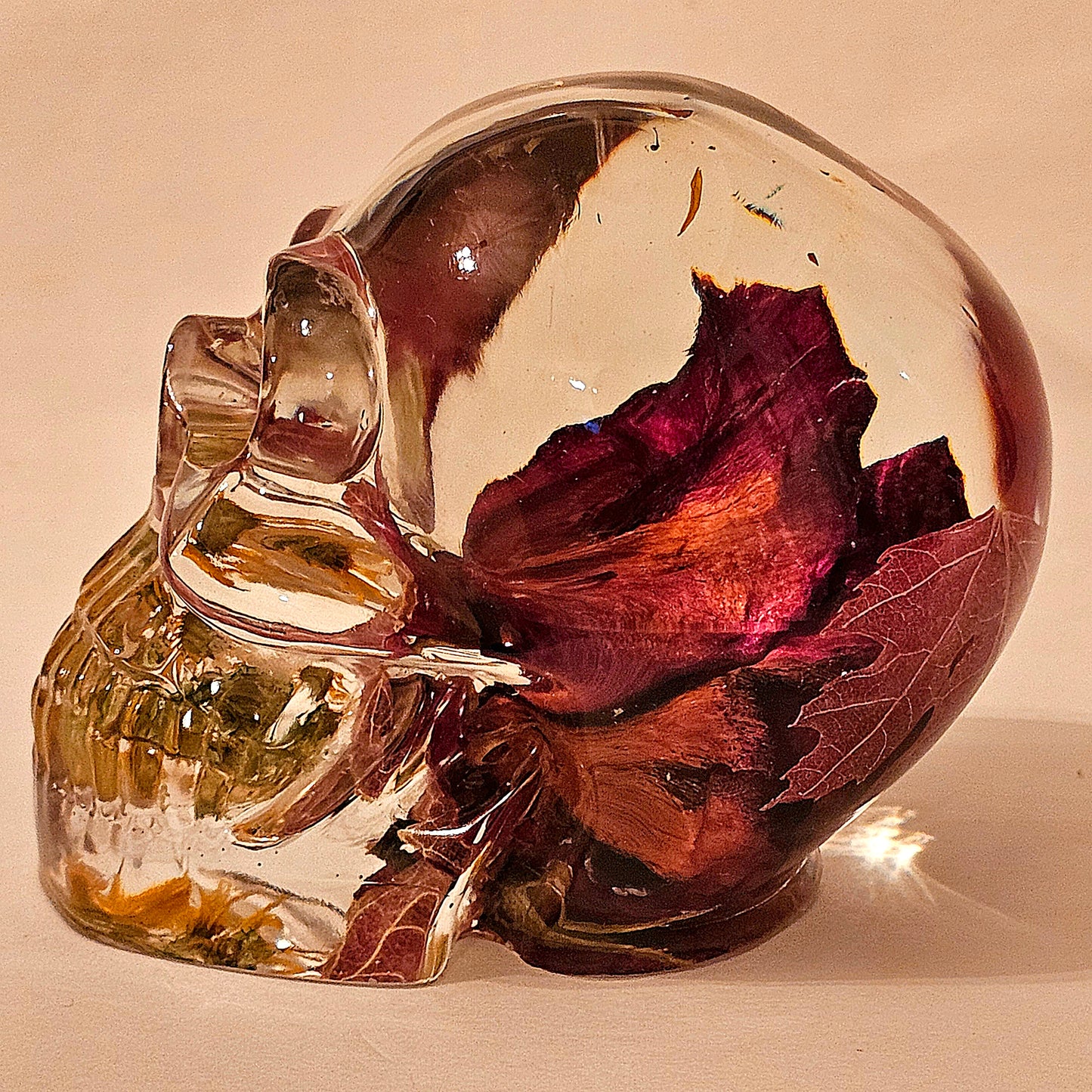 #0156 Handmade Resin Skull - Maple leaves with sunflower. With gold