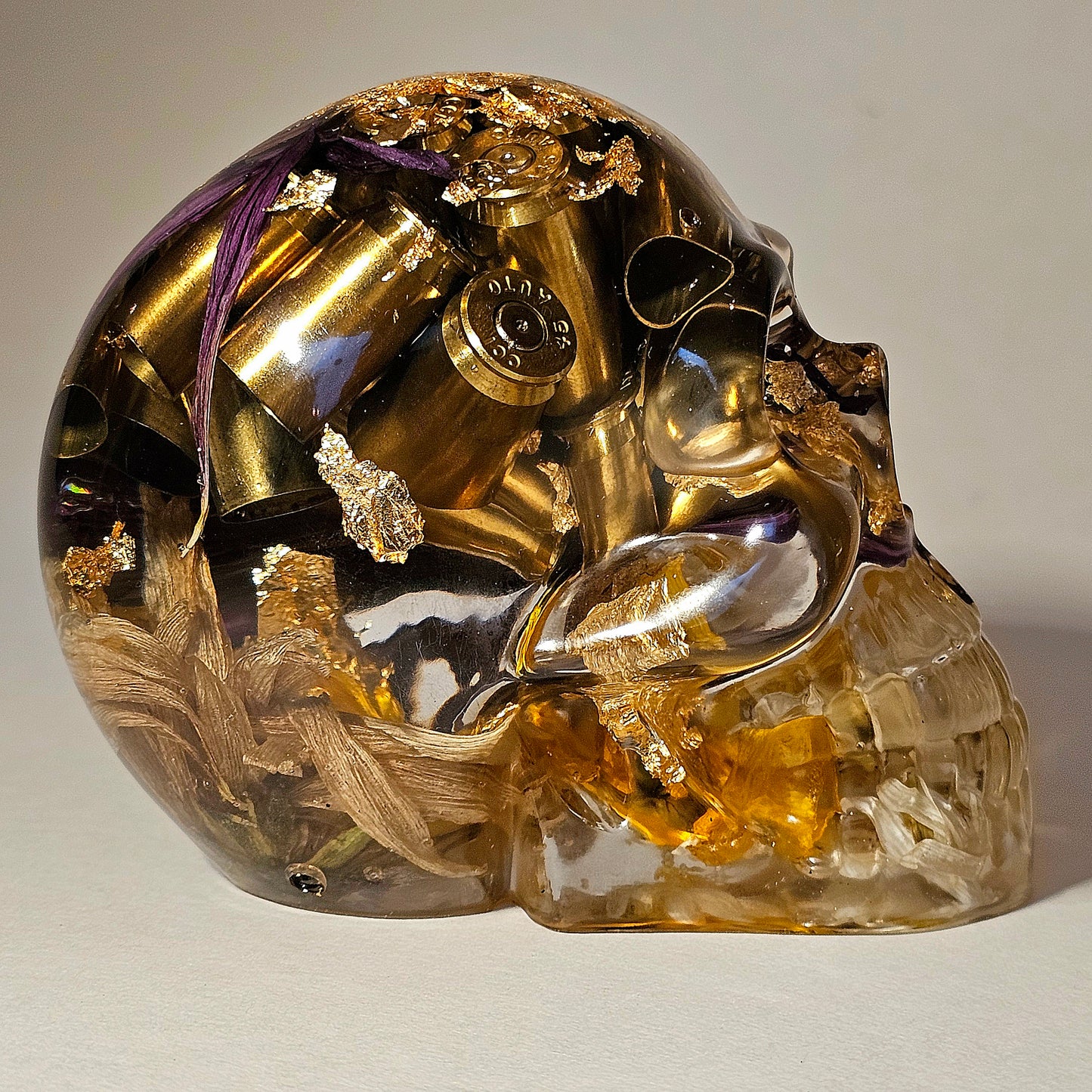 #0256 Handmade Resin Skull - Mixed wild flowers with brass