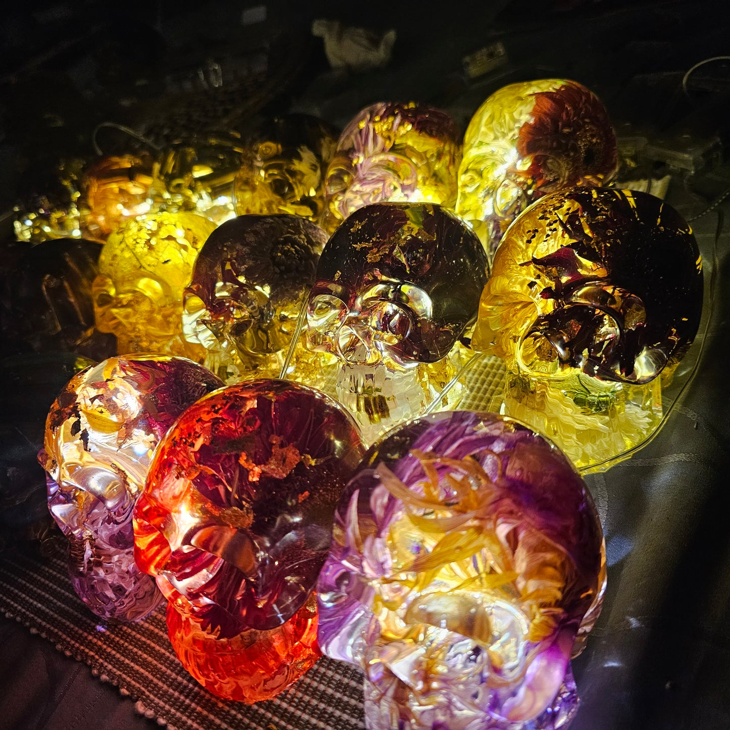 #0258 Handmade Resin Skull - Mixed wild flowers with brass in clear resin - HAS LIGHTS! Battery opterated.