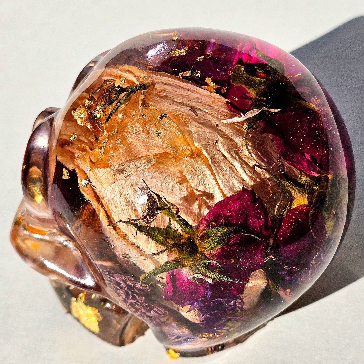 #0283 - Handmade Resin Skull - Mixed flowers, with large wild white rose, and red wild roses
