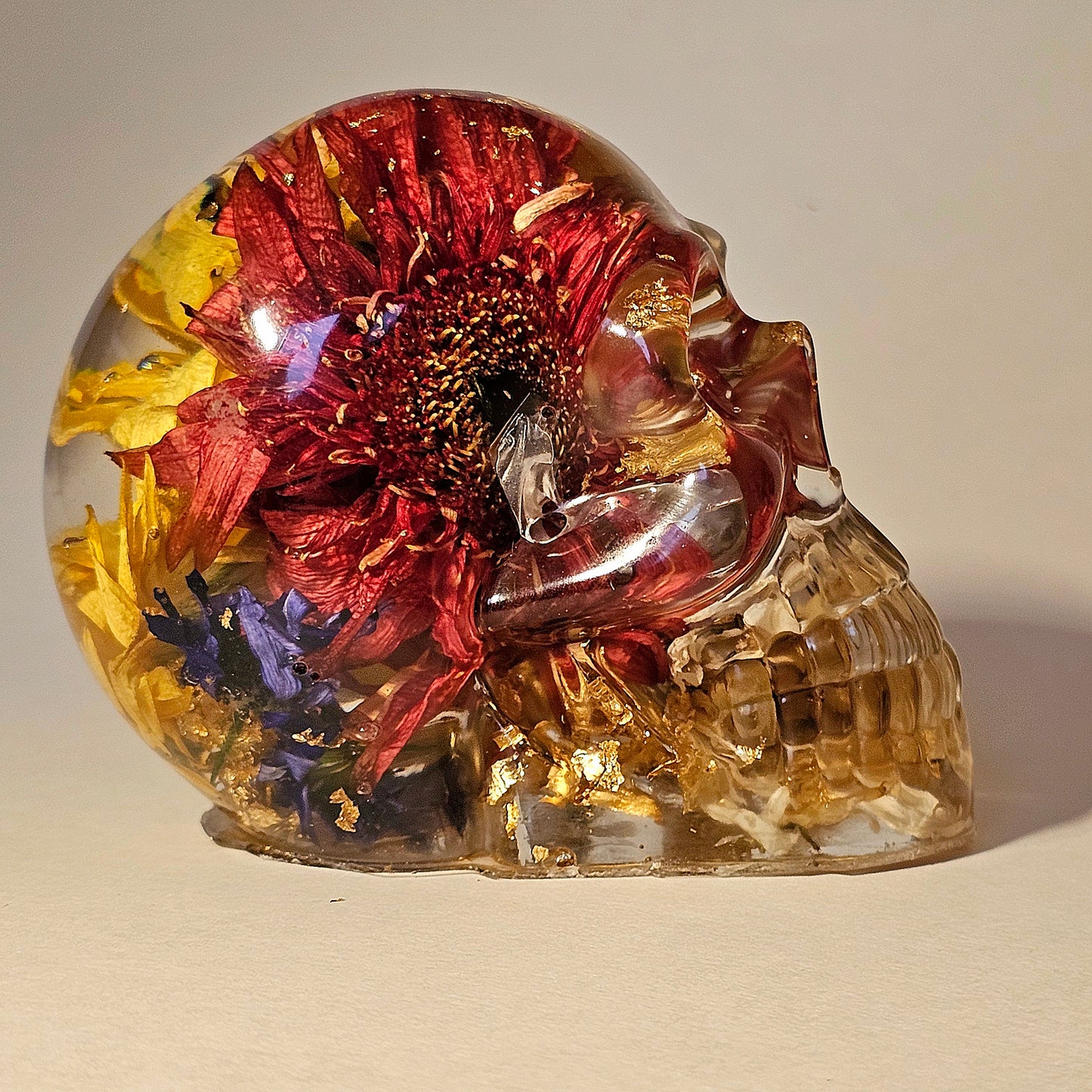 #0262 Handmade Resin Skull - Mixed flowers in clear resin, very nice piece. This one really pops!