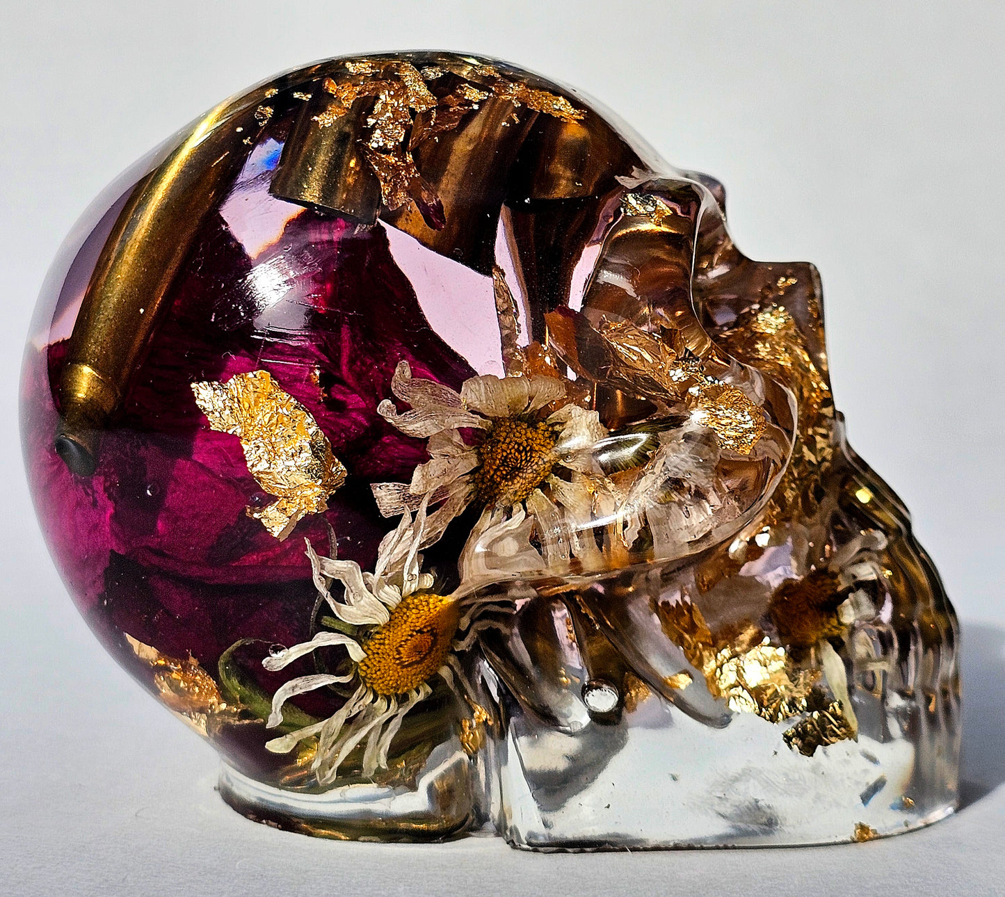 #0285 - Handmade Resin Skull - Mixed flowers, with brass