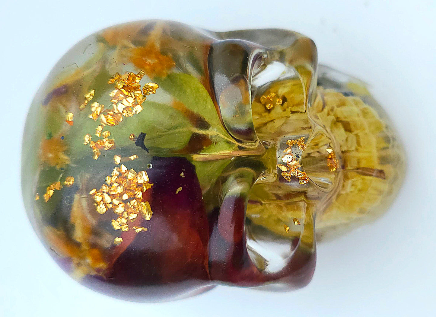 *SOLD*Handmade Resin Skull - Wild Rose pedals with wild flowers and mixed foliage, plus gold accents.