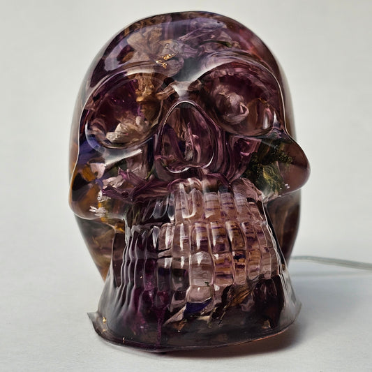 #0294 - Handmade Resin Skull - Autumn flower blend in light purple resin. This one lights up! HAS LIGHTS!