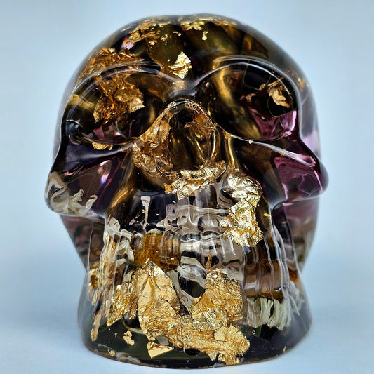 #0280 Handmade Resin Skull - Large Rose, Daisies, and mixed flowers with brass in clear resin and gold accents
