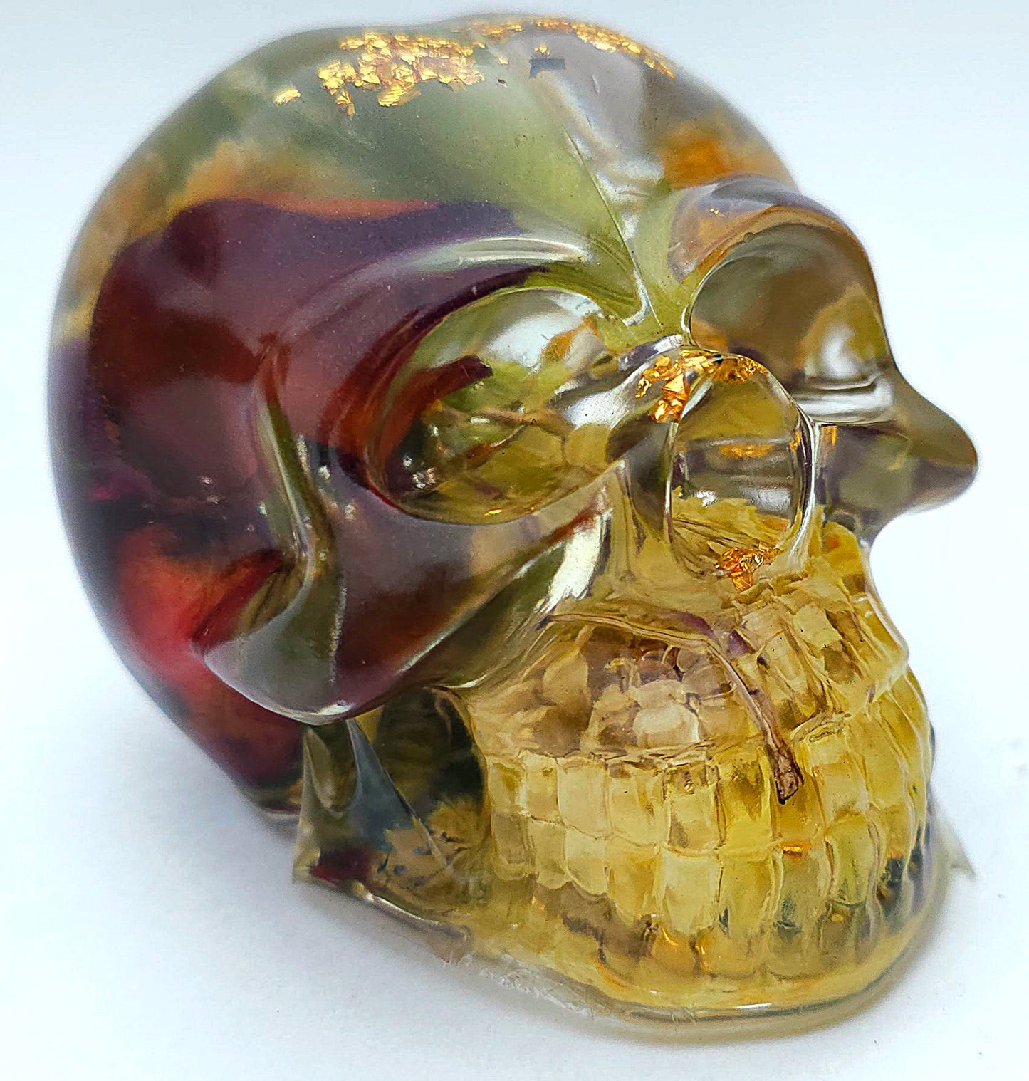 *SOLD*Handmade Resin Skull - Wild Rose pedals with wild flowers and mixed foliage, plus gold accents.