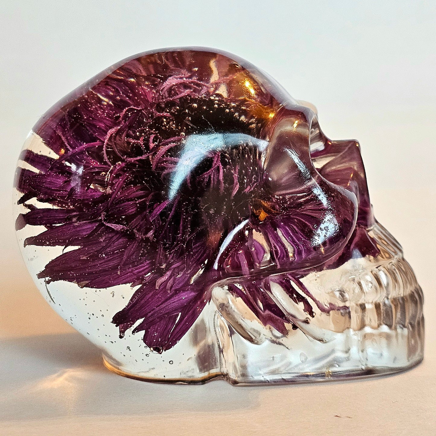 #0217, #0227, #0232 - 3 piece matching set Handmade Resin Skull - Large purple Aster flower in clear resin, get the set!