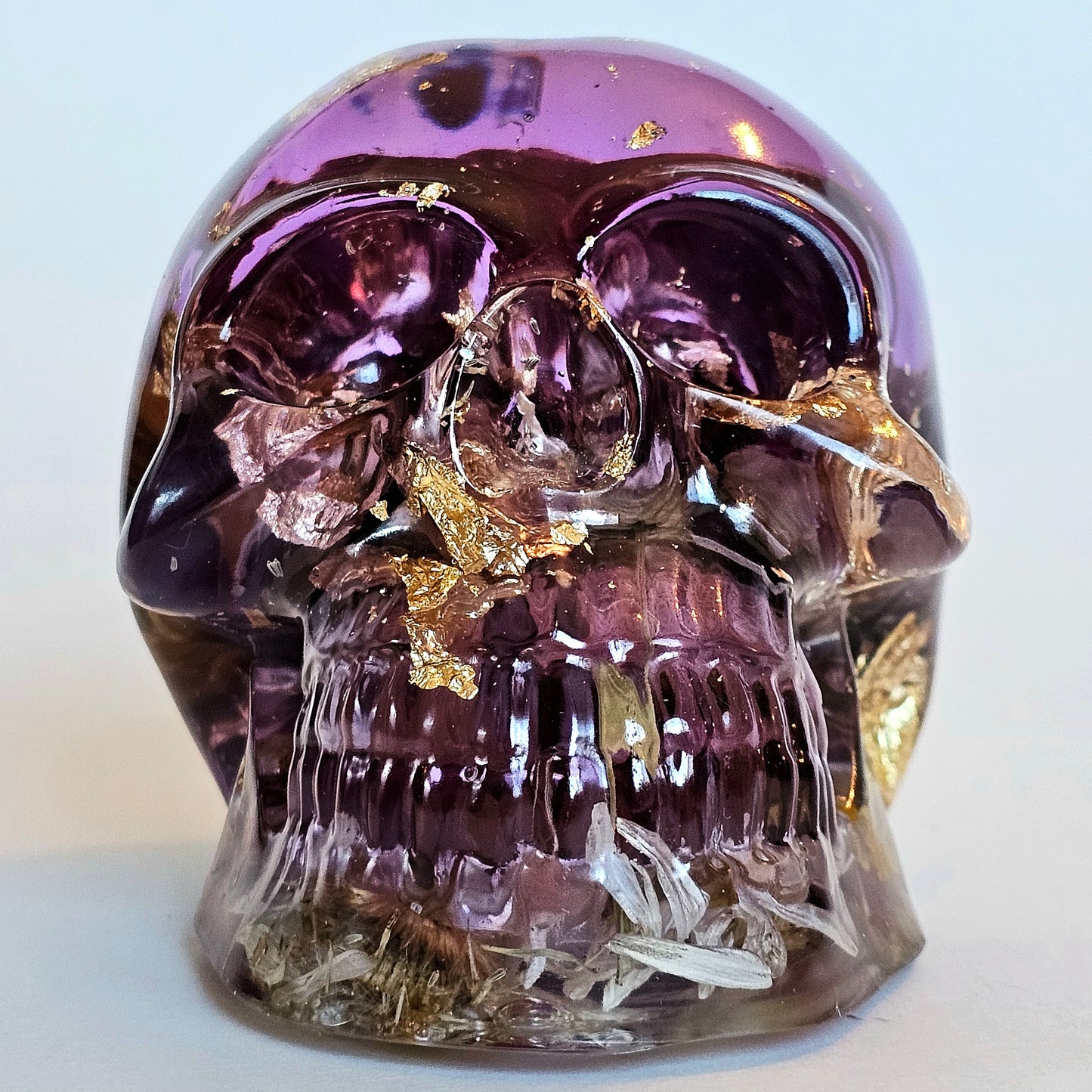 #0211 Handmade Resin Skull - Mixed wild flowers in purple resin