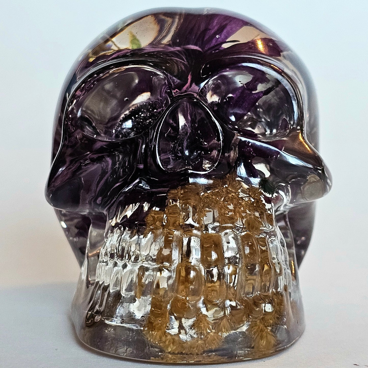 #0217, #0227, #0232 - 3 piece matching set Handmade Resin Skull - Large purple Aster flower in clear resin, get the set!
