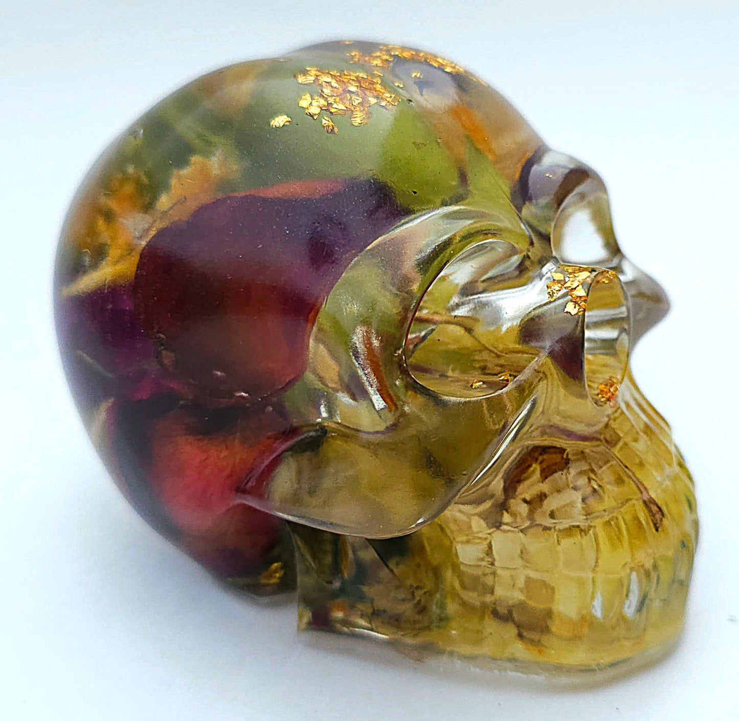 *SOLD*Handmade Resin Skull - Wild Rose pedals with wild flowers and mixed foliage, plus gold accents.