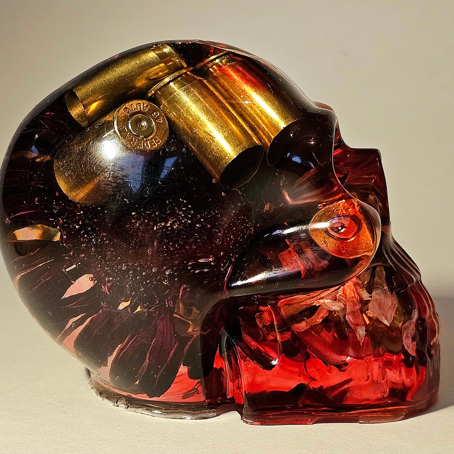 SOLD #0253 Handmade Resin Skull - Mixed wild flowers and brass in dripped red resin