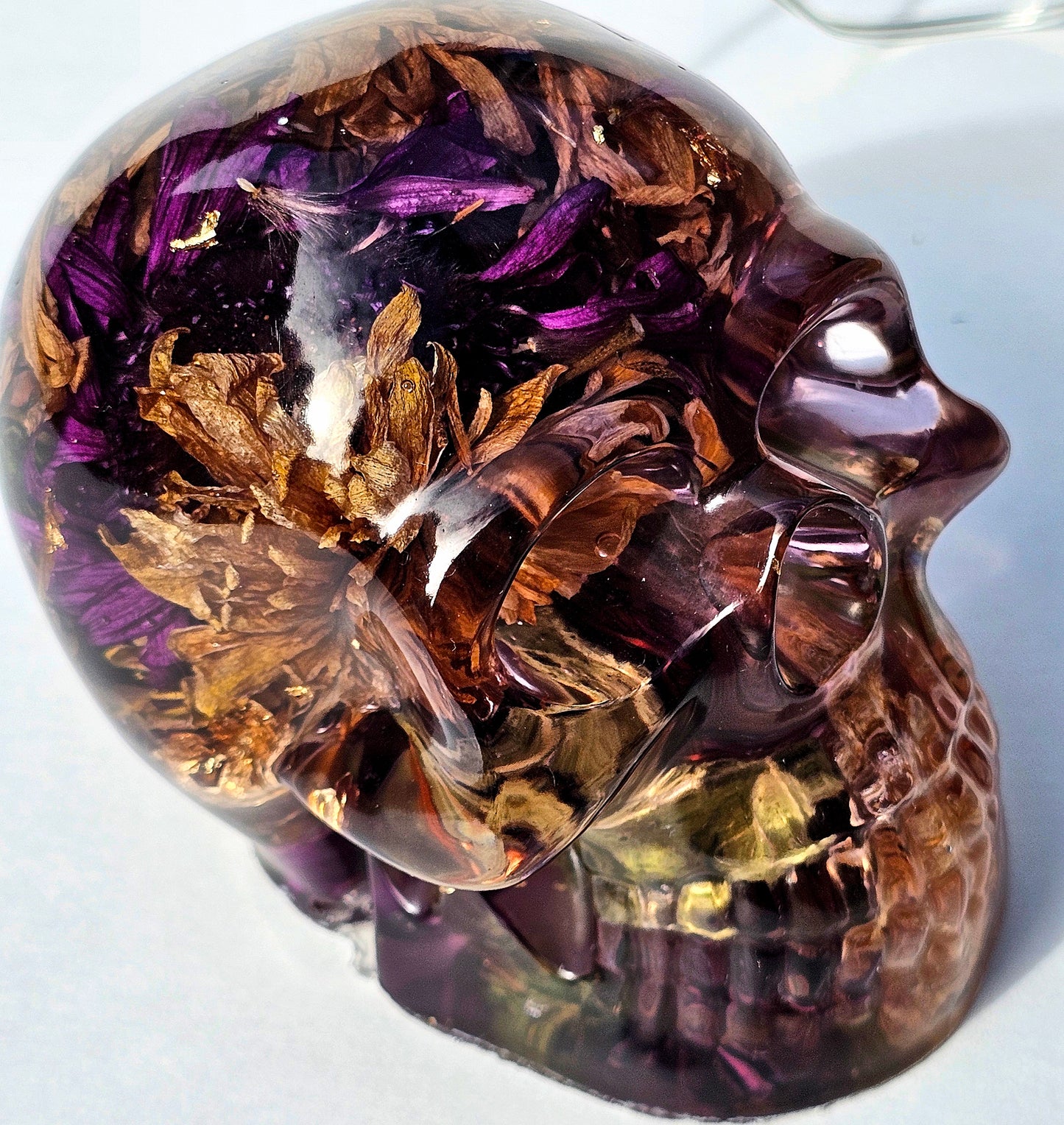 #0290 - Handmade Resin Skull - One of my favorites. Autumn flower blend with excellent contrast. This one lights up!           HAS LIGHTS!